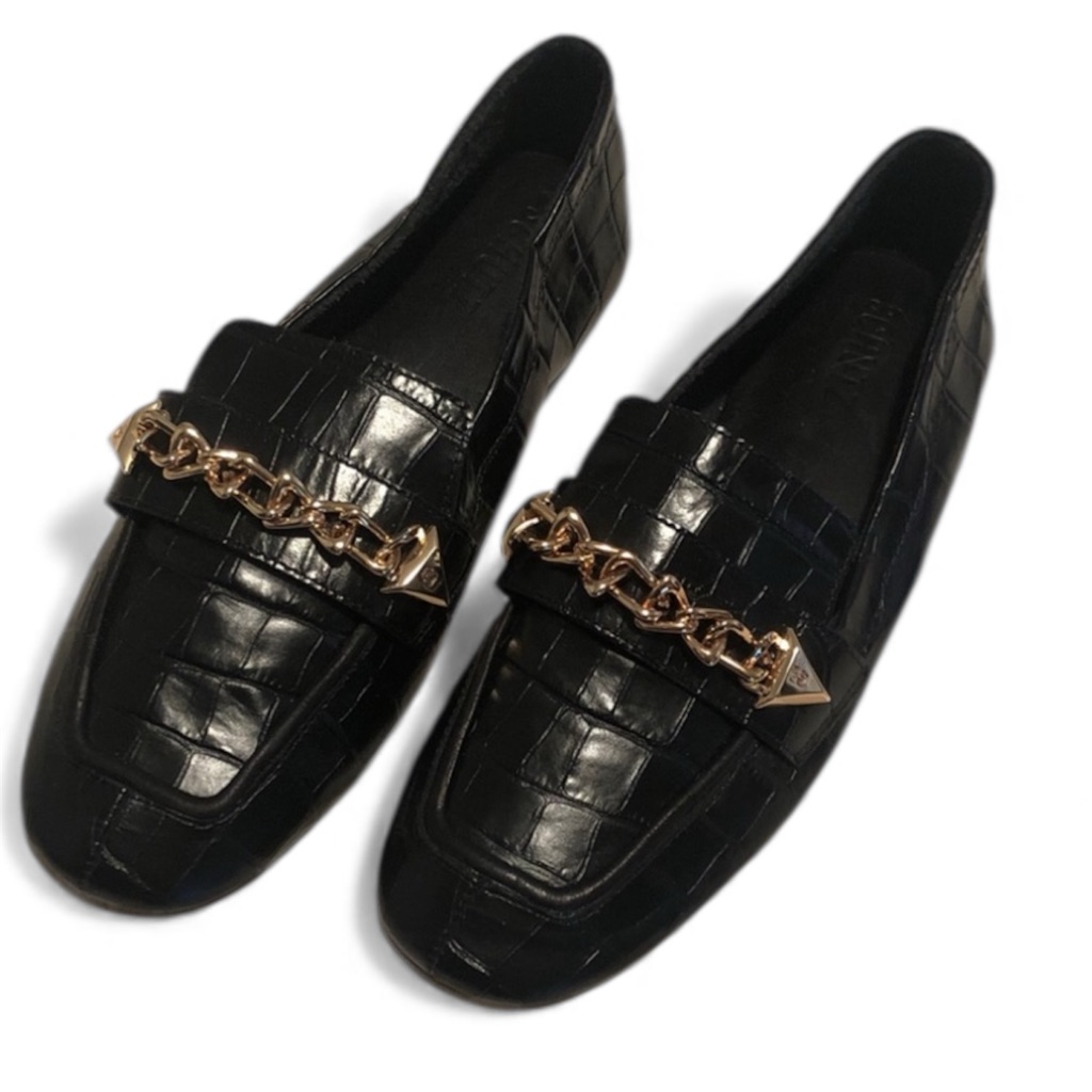 Schutz Black Croc-Embossed Loafers With Gold Chain Womens Size 9.5